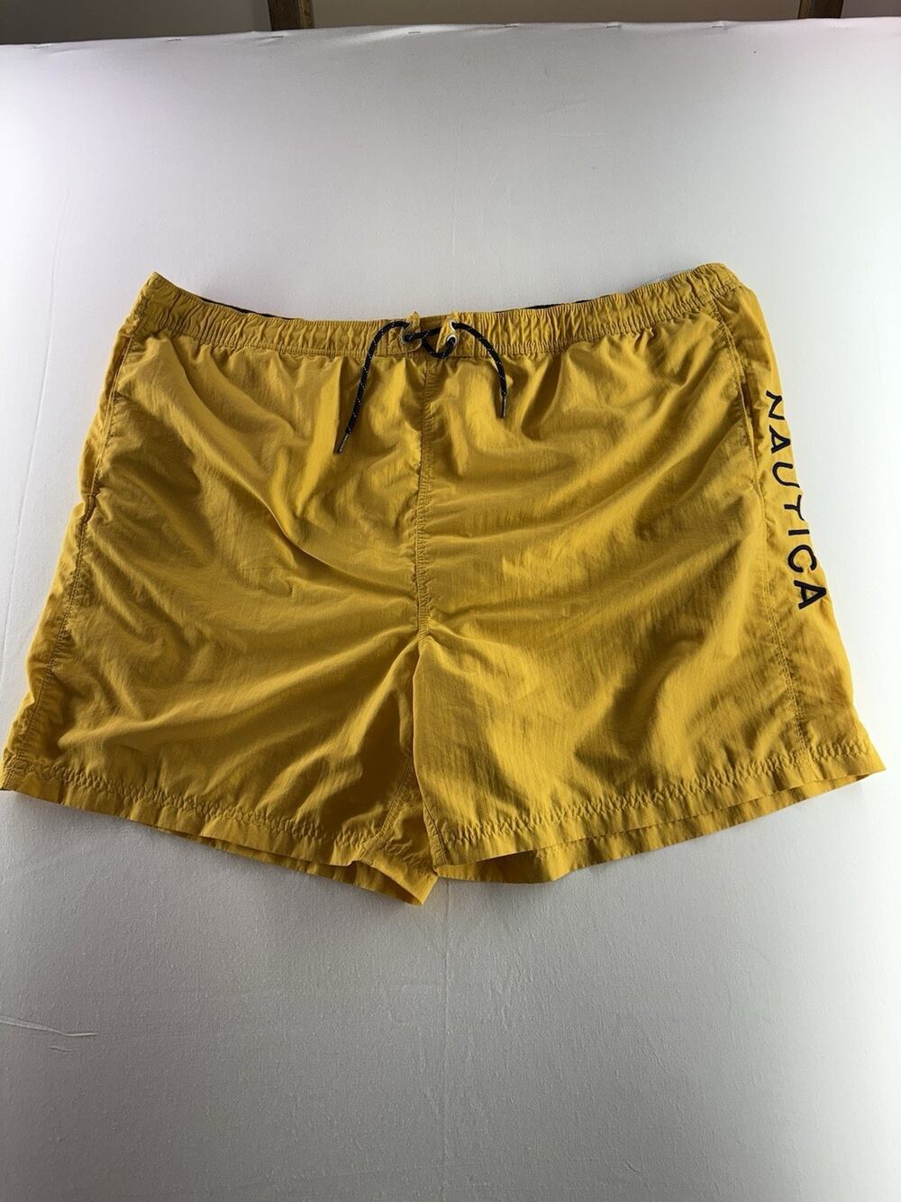 Nautica Mens Yellow Swim Trunks XXL W/‎ Mesh Lining & Navy Stripe Drawstring